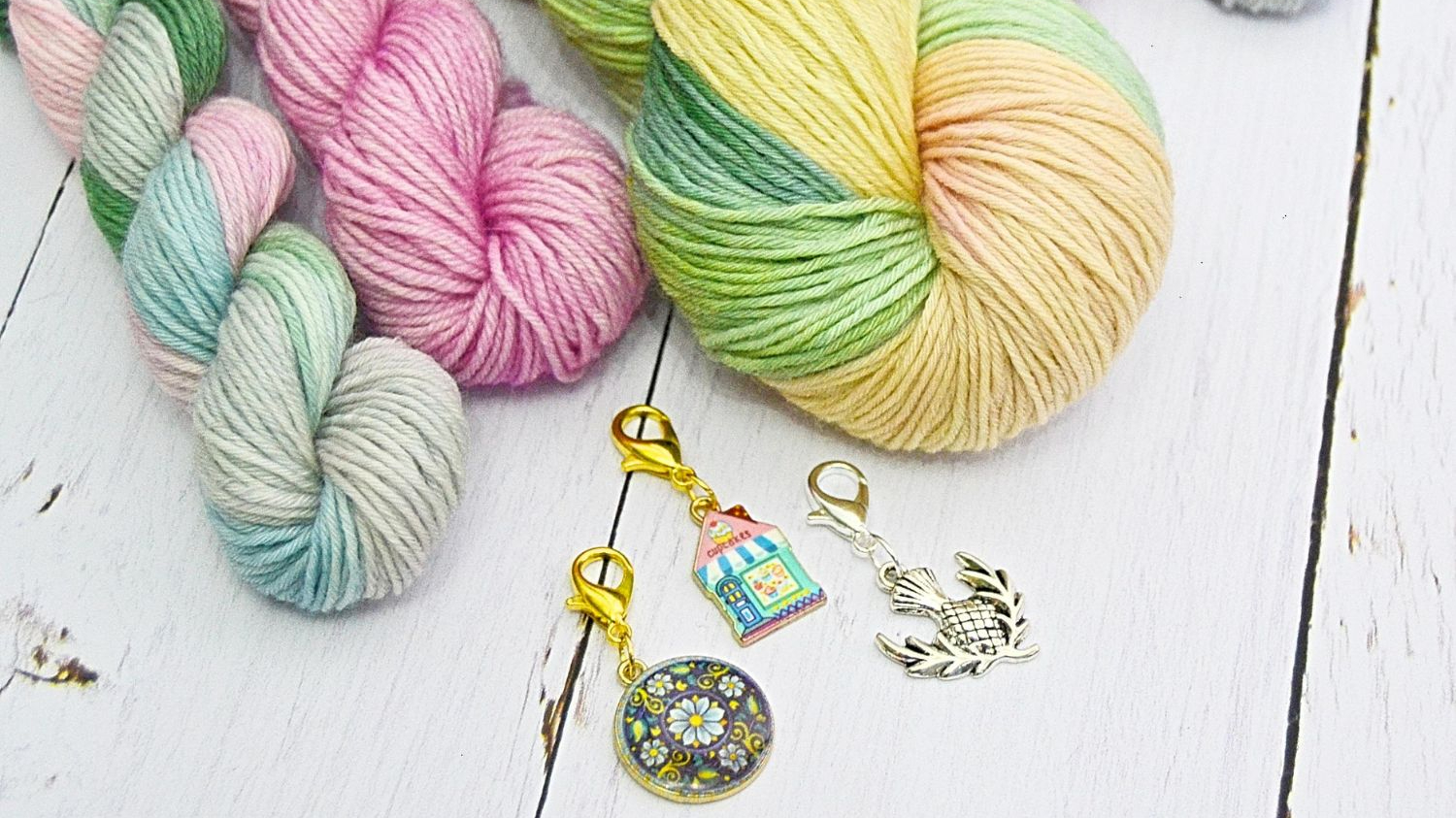 Hand-dyed wool and three classic stitch markers